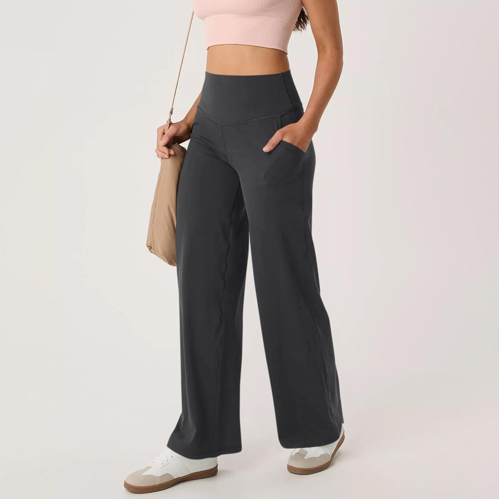 thumbnail image 2 of Pantalones de yoga anchos para mujer: cintura alta, bolsillos, tejido elástico, petite/regular/tall, tallas S-XXL para uso informal/deportivo., 2 of 7